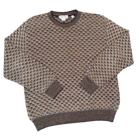 Men’s Italian Knit Sweater Brown Geo Textured Cotton Acrylic L 52 Classic Fall - Picture 2 of 12
